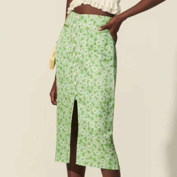 Lavande Floral Printed Buttoned Straight midi Skirt Green Womens Size 2 - Picture 1 of 13